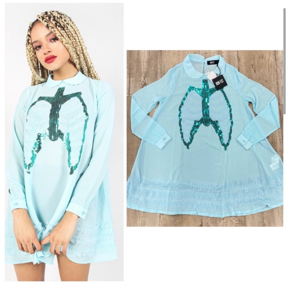 Iron Fist Light Blue Long Sleeve Dress with Green Sequin Design